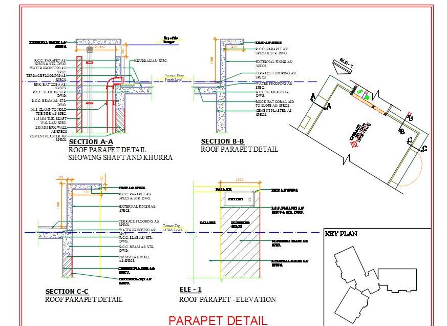 Roof Parapet Wall CAD- Shaft, Khurra & Rainwater Pipe Details